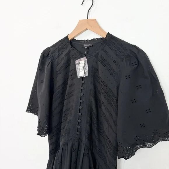 Madewell Eyelet Flutter Sleeve Mini Dress Cotton Black NWT Size 10